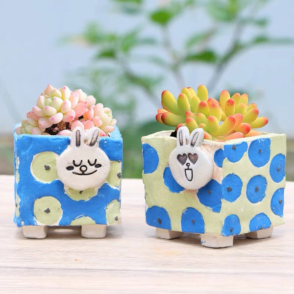 Yixi Lime Cartoon Square Pots 一卌卡通可爱小萌兔粗陶花盆