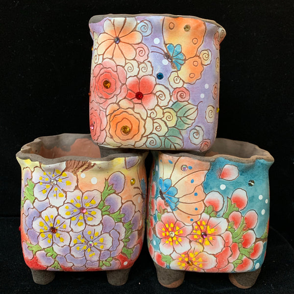 Korean Floral Hand Painted Pots 韩国花卉镶钻手绘盆