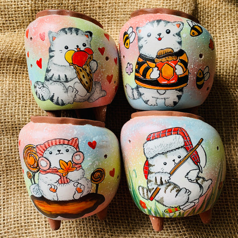 Korean Kitty Hand Painted Pots 韩国猫咪手绘盆