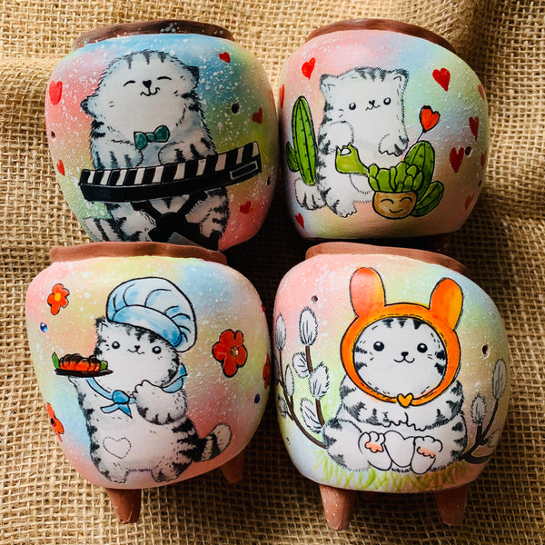 Korean Kitty Hand Painted Pots 韩国猫咪手绘盆