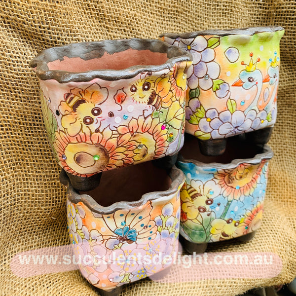Korean Floral Hand Painted Pots 韩国花卉镶钻手绘盆