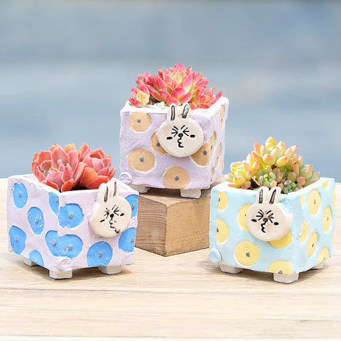 Yixi Lime Cartoon Square Pots 一卌卡通可爱小萌兔粗陶花盆